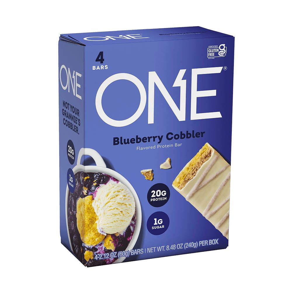 ONE BARS Blueberry Cobbler Flavored Protein Bars, 2.12 oz, 4 count box - Side of Package
