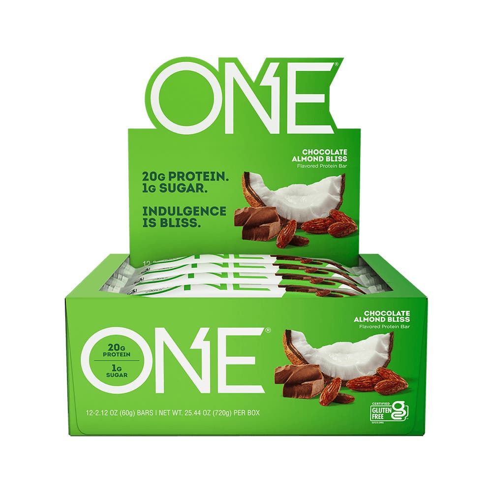 ONE BARS Chocolate Almond Bliss Flavored Protein Bars, 2.12 oz, 12 count box - Front of Package