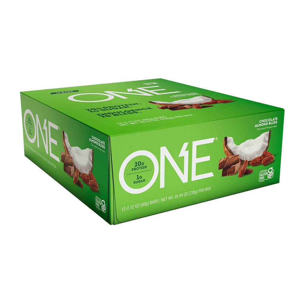 ONE BARS Chocolate Almond Bliss Flavored Protein Bars, 2.12 oz, 12 count box - Left Side of Package