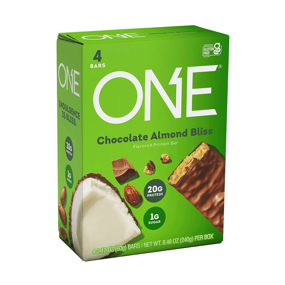 ONE BARS Chocolate Almond Bliss Flavored Protein Bars, 2.12 oz, 4 count box - Side of Package
