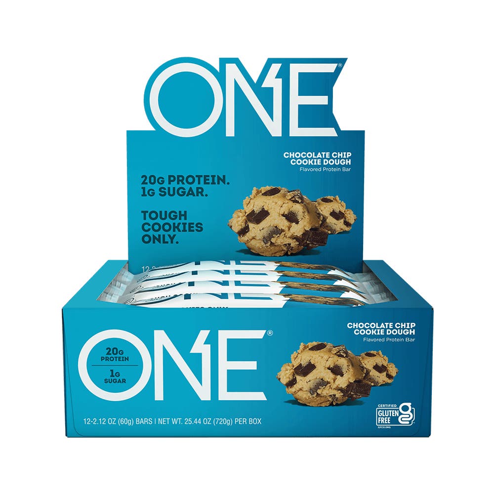 ONE BARS Chocolate Chip Cookie Dough Flavored Protein Bars, 2.12 oz, 12 count box - Front of Package