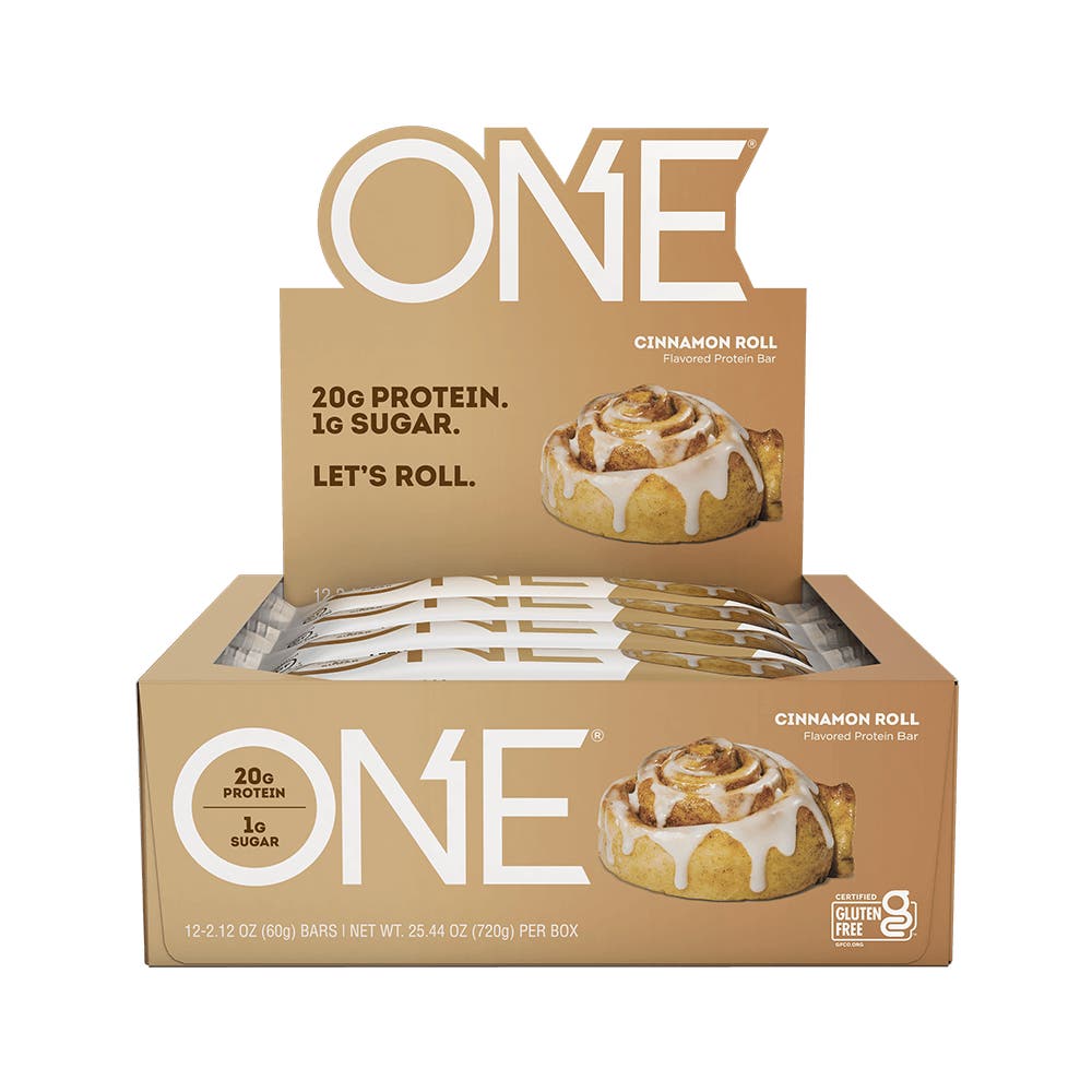 ONE BARS Cinnamon Roll Flavored Protein Bars, 2.12 oz, 12 count box - Front of Package