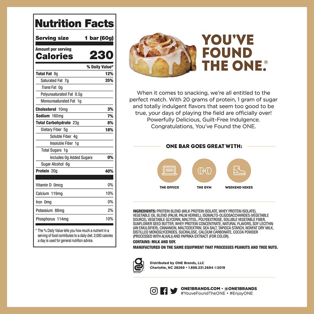 ONE BARS Cinnamon Roll Flavored Protein Bars, 2.12 oz, 12 count box - Nutritional