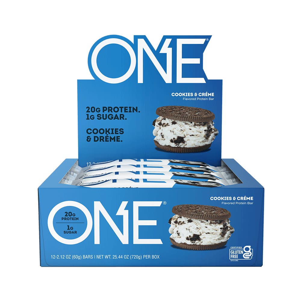 ONE BARS Cookies & Créme Flavored Protein Bars, 2.12 oz, 12 count box - Front of Package