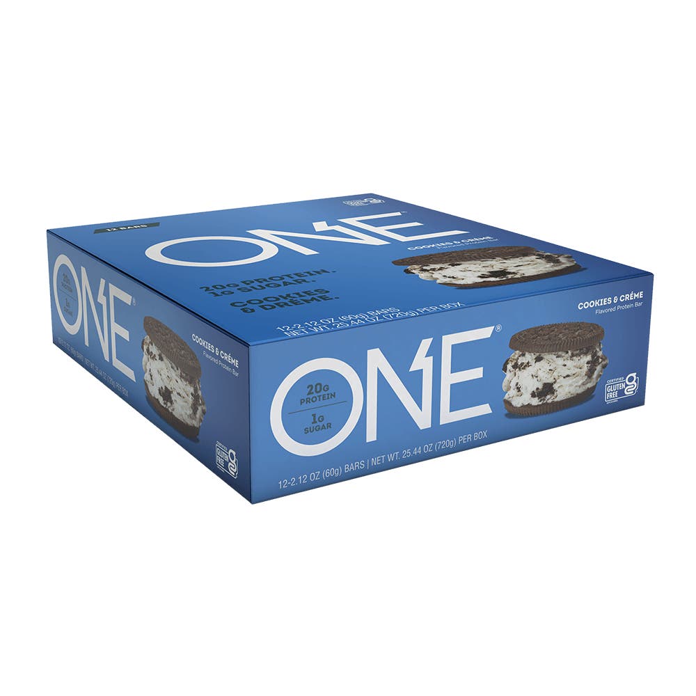 ONE BARS Cookies & Créme Flavored Protein Bars, 2.12 oz, 12 count box - Left Side of Package