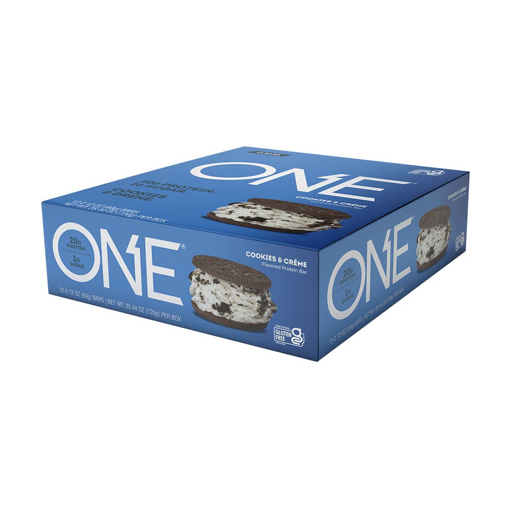 ONE BARS Cookies & Créme Flavored Protein Bars, 2.12 oz, 12 count box - Right Side of Package