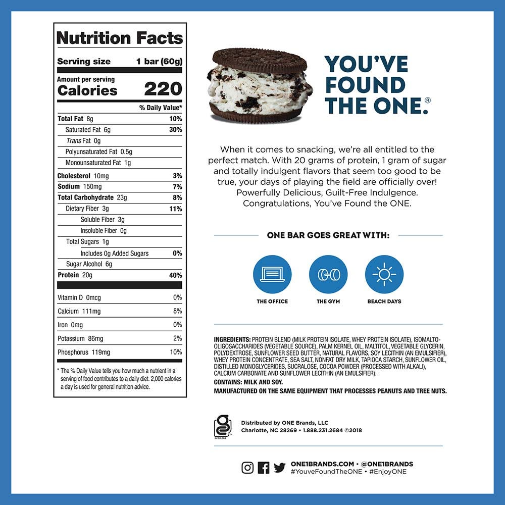 ONE BARS Cookies & Créme Flavored Protein Bars, 2.12 oz, 12 count box - Nutritional