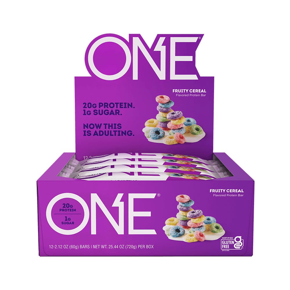 ONE BARS Fruity Cereal Flavored Protein Bars, 2.12 oz, 12 count box - Front of Package