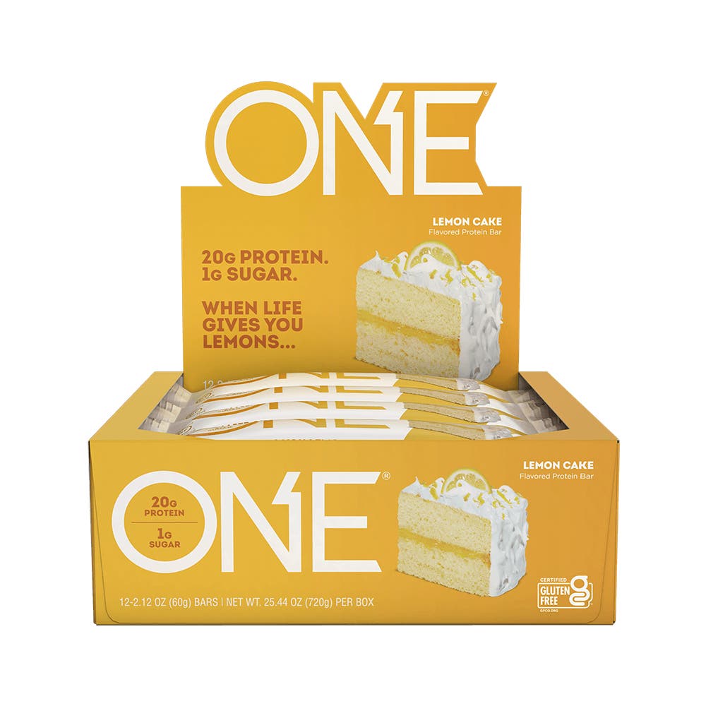 ONE BARS Lemon Cake Flavored Protein Bars, 2.12 oz, 12 count box - Front of Package