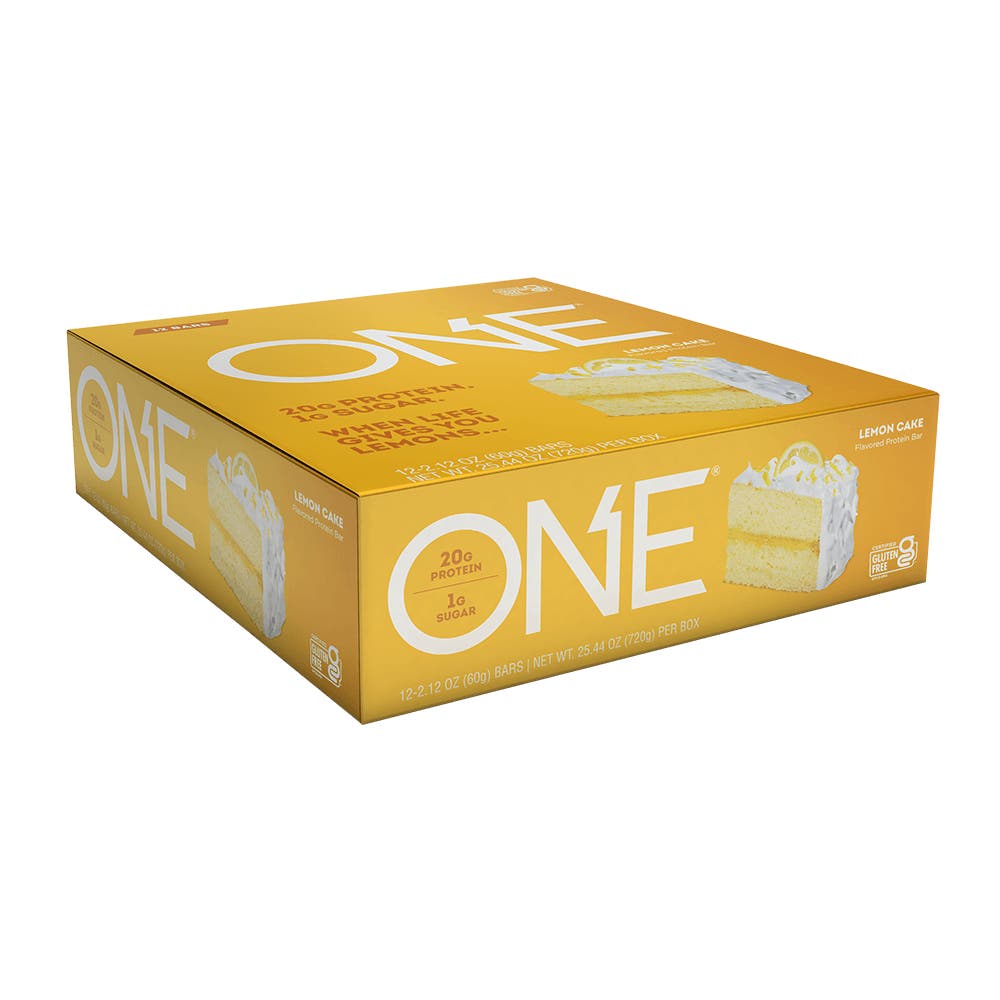 ONE BARS Lemon Cake Flavored Protein Bars, 2.12 oz, 12 count box - Left Side of Package