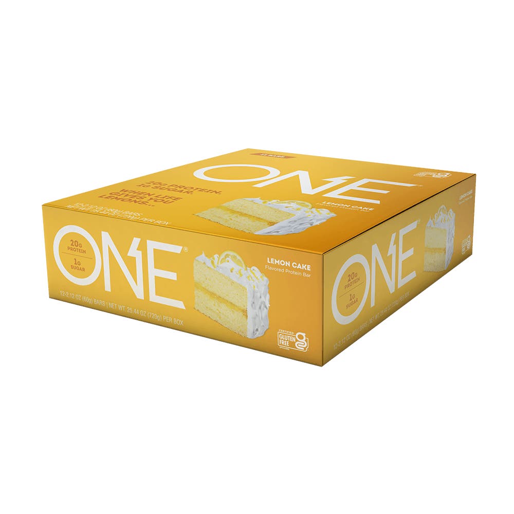 ONE BARS Lemon Cake Flavored Protein Bars, 2.12 oz, 12 count box - Right Side of Package