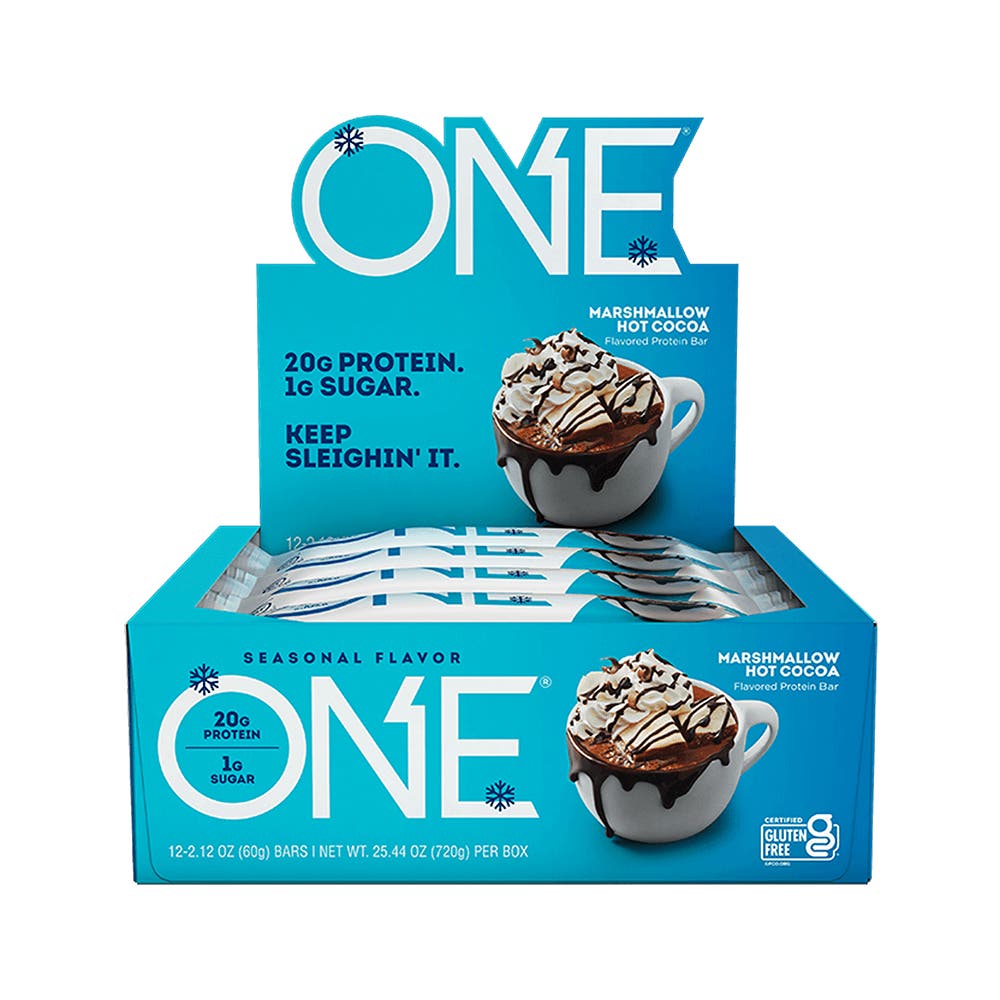 ONE BARS Marshmallow Hot Cocoa Flavored Protein Bars, 2.12 oz, 12 count box - Front of Package