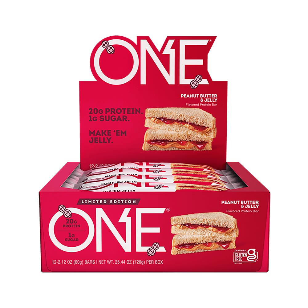 ONE BARS Peanut Butter & Jelly Flavored Protein Bars, 2.12 oz, 12 count box - Front of Package