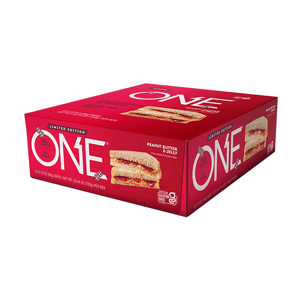 ONE BARS Peanut Butter & Jelly Flavored Protein Bars, 2.12 oz, 12 count box - Right Side of Package