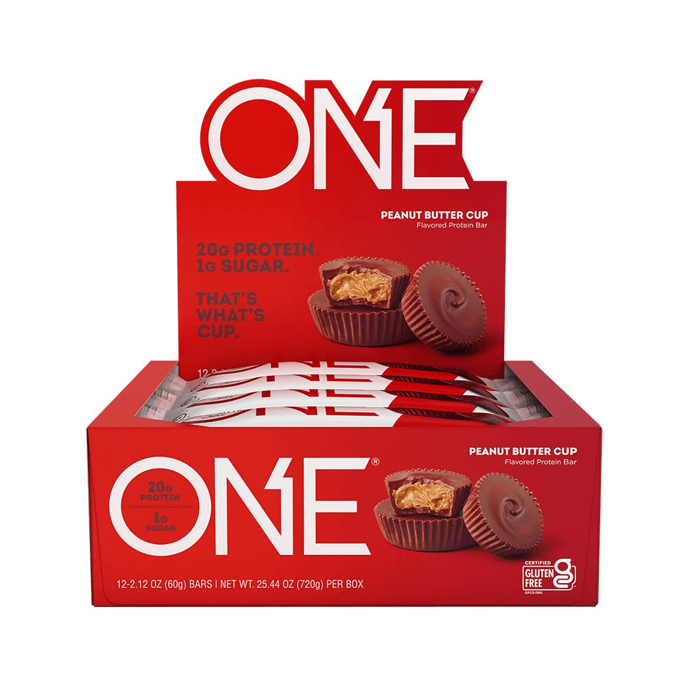 ONE BARS Peanut Butter Cup Flavored Protein Bars, 2.12 oz, 12 count box - Front of Package