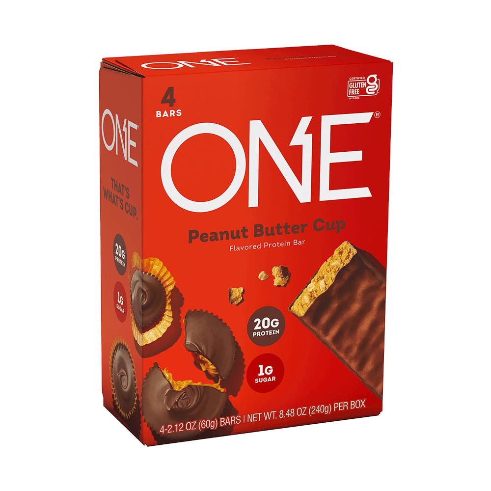 ONE BARS Peanut Butter Cup Flavored Protein Bars, 2.12 oz, 4 count box - Side of Package
