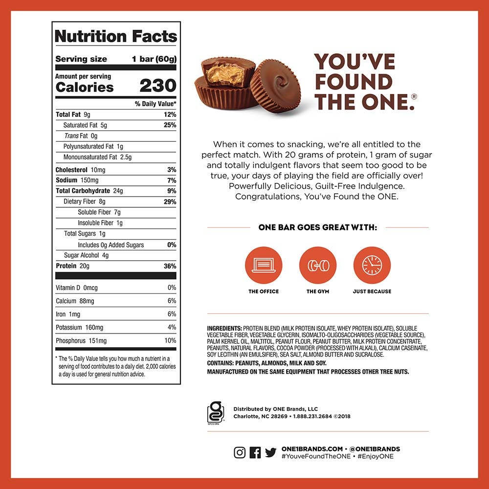 ONE BARS Peanut Butter Cup Flavored Protein Bars, 2.12 oz, 4 count box - Nutritional