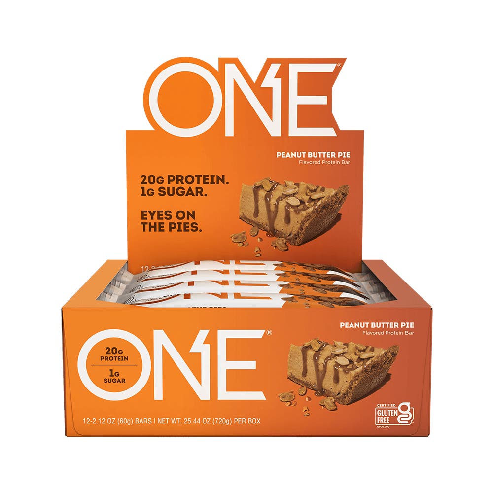 ONE BARS Peanut Butter Pie Flavored Protein Bars, 2.12 oz, 12 count box - Front of Package