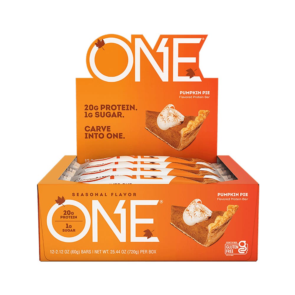 ONE BARS Pumpkin Pie Flavored Protein Bars, 2.12 oz, 12 count box - Front of Package