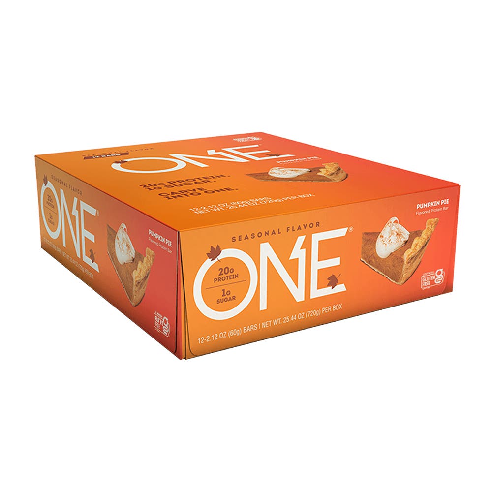 ONE BARS Pumpkin Pie Flavored Protein Bars, 2.12 oz, 12 count box - Left Side of Package