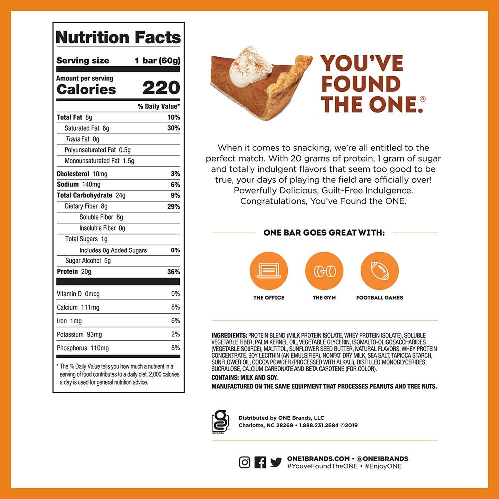 ONE BARS Pumpkin Pie Flavored Protein Bars, 2.12 oz, 12 count box - Nutritional