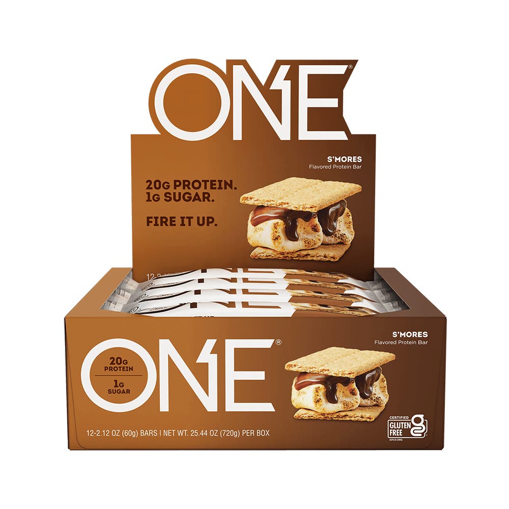 ONE BARS S'mores Flavored Protein Bars, 2.12 oz, 12 count box - Front of Package