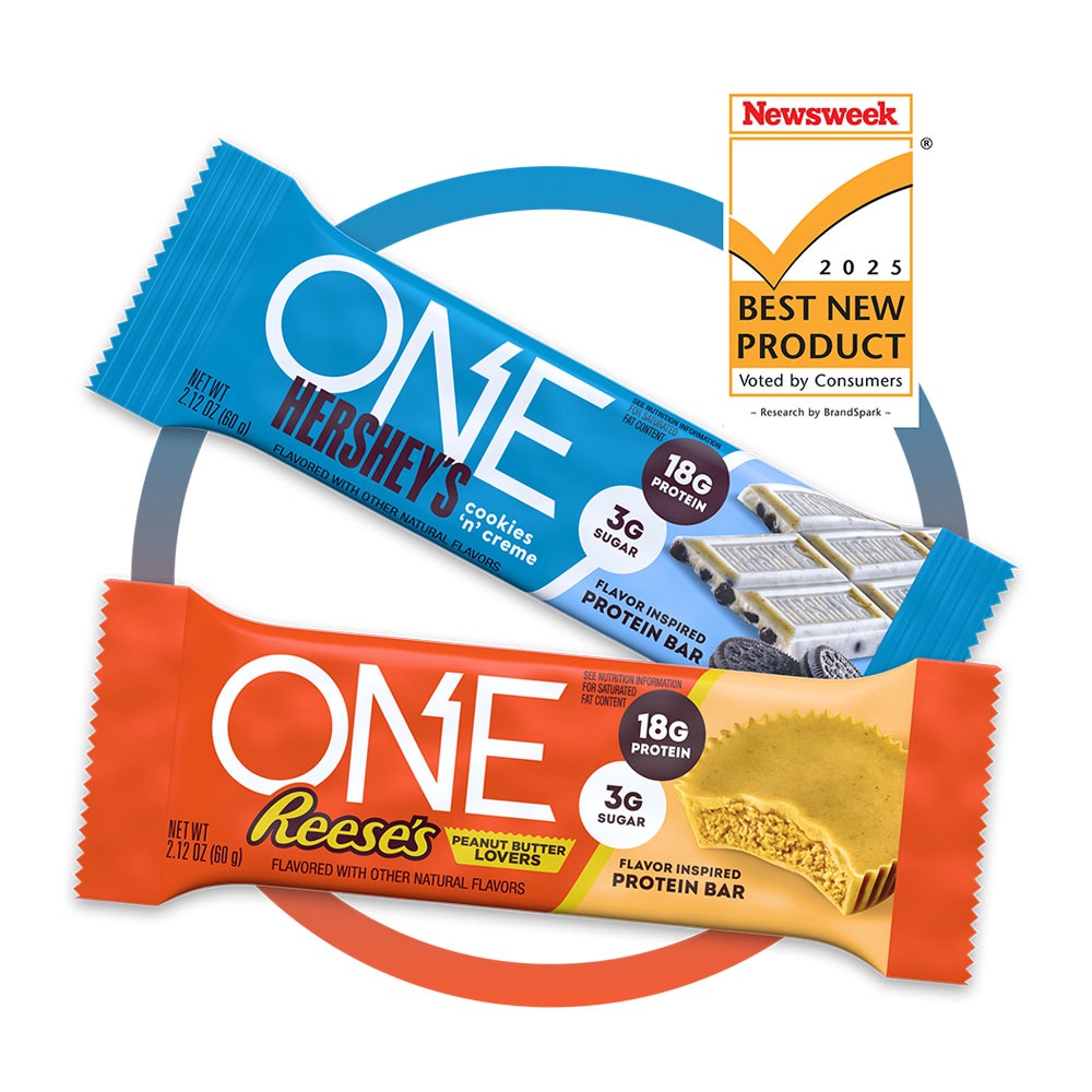 one brands reeses peanut butter lovers and hersheys cookies n creme flavored protein bars