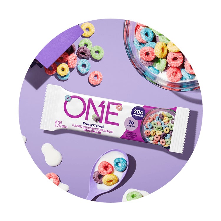 one bars fruity cereal flavored protein bar surrounded by flavor cues