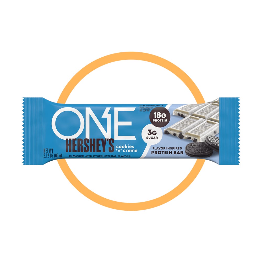 one hersheys cookies n creme flavored protein bar