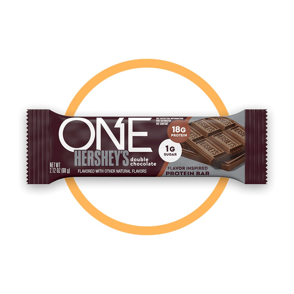one hersheys double chocolate flavored protein bar