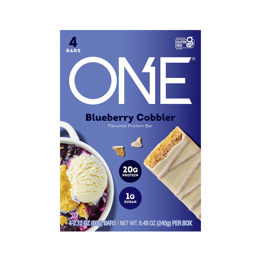 ONE BARS Blueberry Cobbler Flavored Protein Bars, 2.12 oz, 4 count box - Front of Package