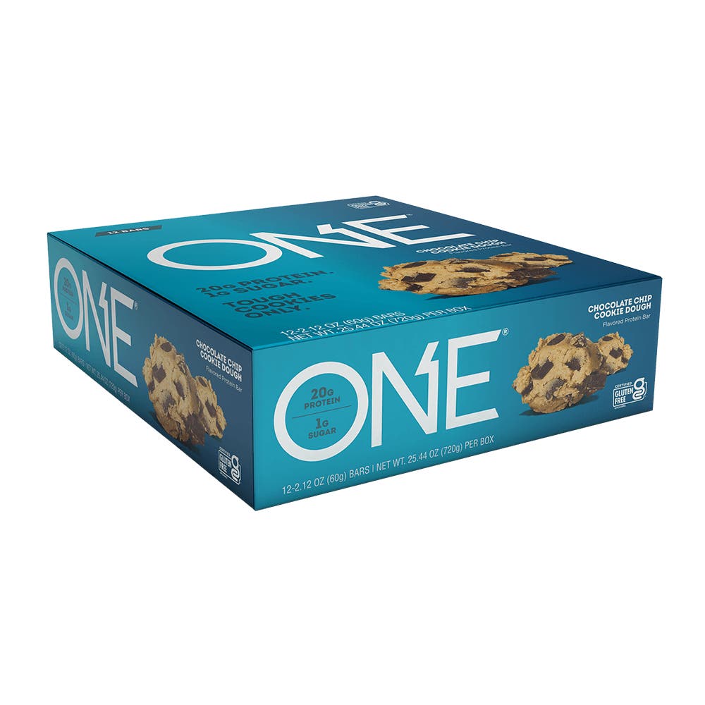 ONE BARS Chocolate Chip Cookie Dough Flavored Protein Bars, 2.12 oz, 12 count box - Left Side of Package