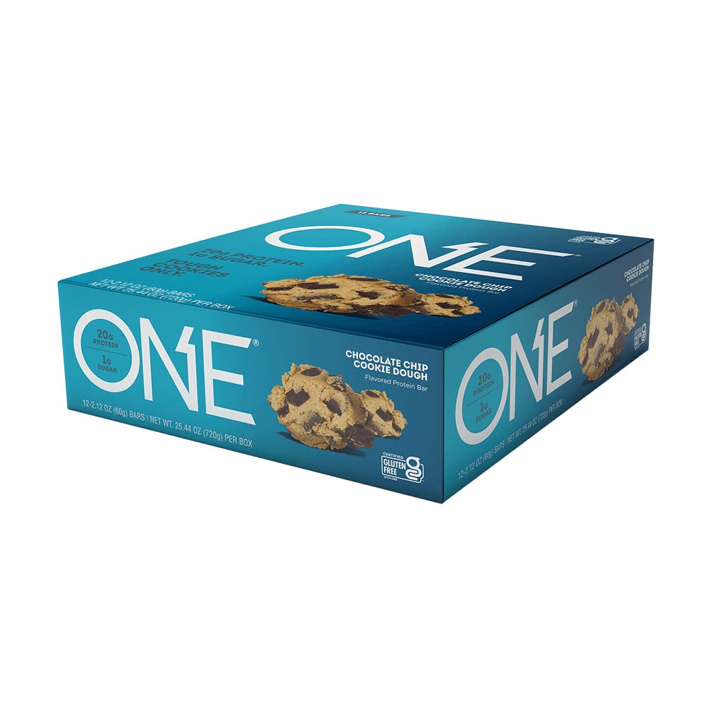 ONE BARS Chocolate Chip Cookie Dough Flavored Protein Bars, 2.12 oz, 12 count box - Right Side of Package
