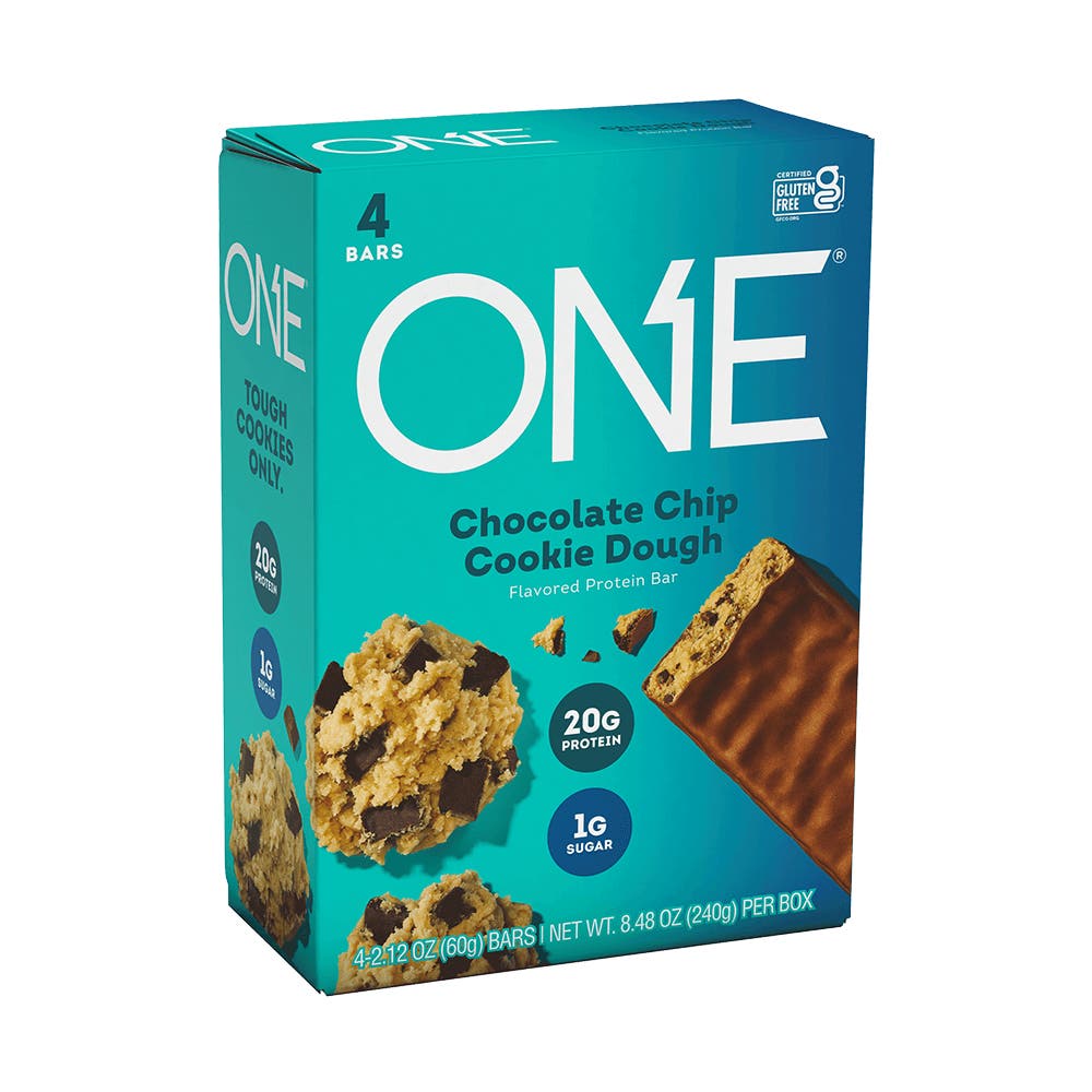 ONE BARS Chocolate Chip Cookie Dough Flavored Protein Bars, 2.12 oz, 4 count box - Side of Package