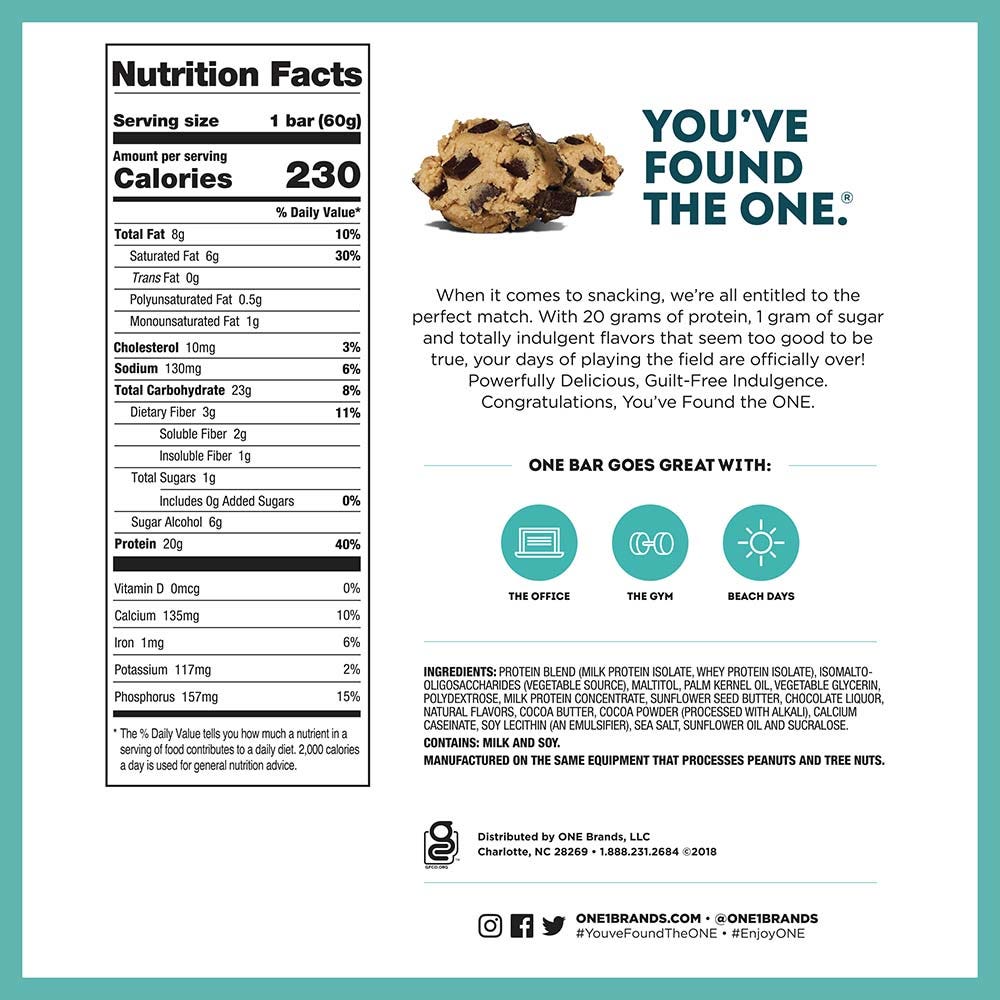 ONE BARS Chocolate Chip Cookie Dough Flavored Protein Bar, 2.12 oz - Nutritional