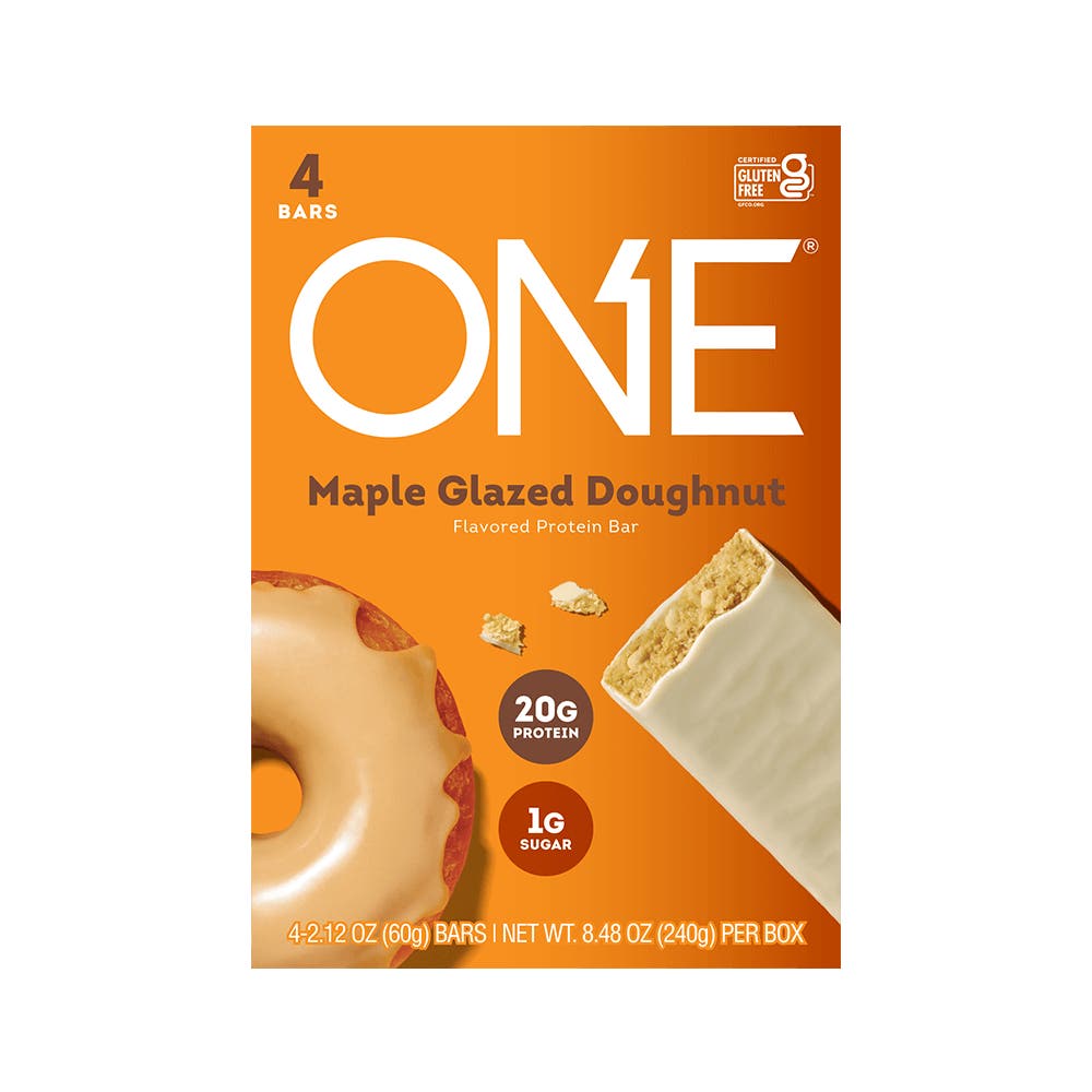 ONE BARS Maple Glazed Doughnut Flavored Protein Bars, 2.12 oz, 4 count box - Front of Package