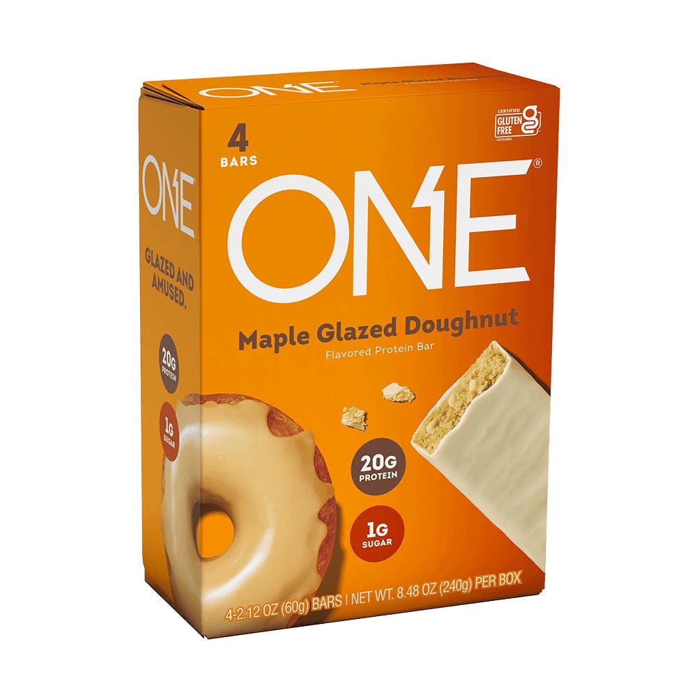 ONE BARS Maple Glazed Doughnut Flavored Protein Bars, 2.12 oz, 4 count box - Side of Package