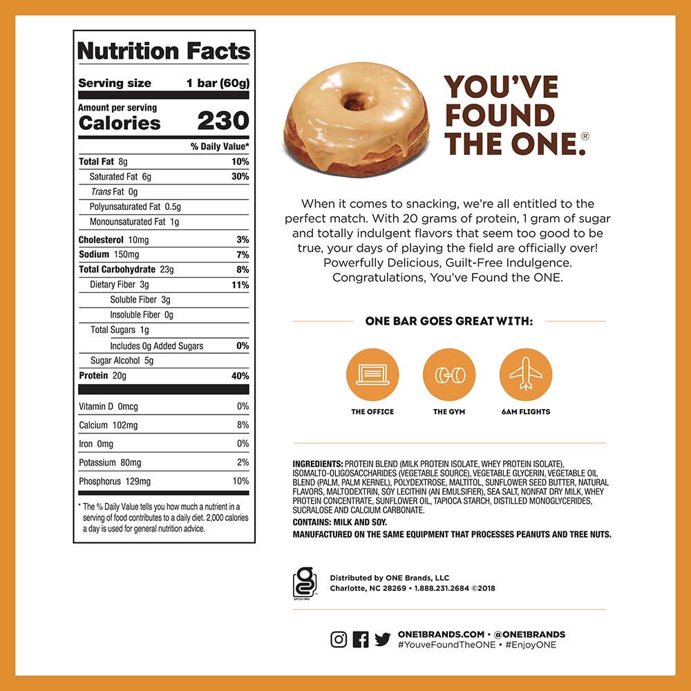ONE BARS Maple Glazed Doughnut Flavored Protein Bars, 2.12 oz, 12 count box - Nutritional