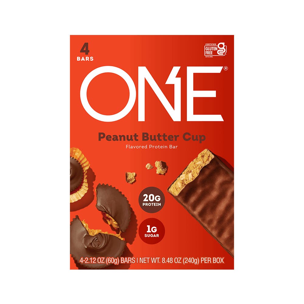 ONE BARS Peanut Butter Cup Flavored Protein Bars, 2.12 oz, 4 count box - Front of Package