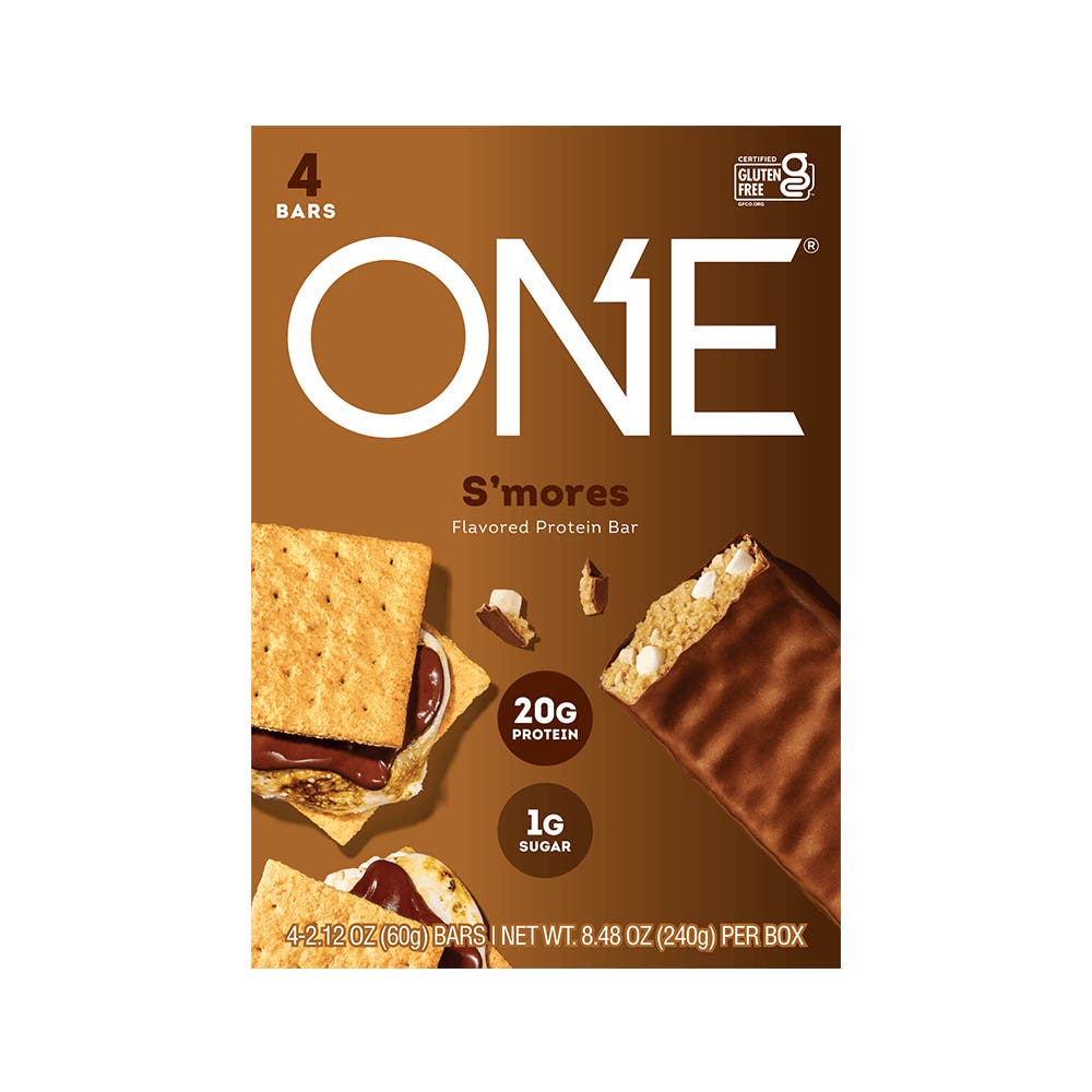 ONE BARS S'mores Flavored Protein Bars, 2.12 oz, 4 count box - Front of Package