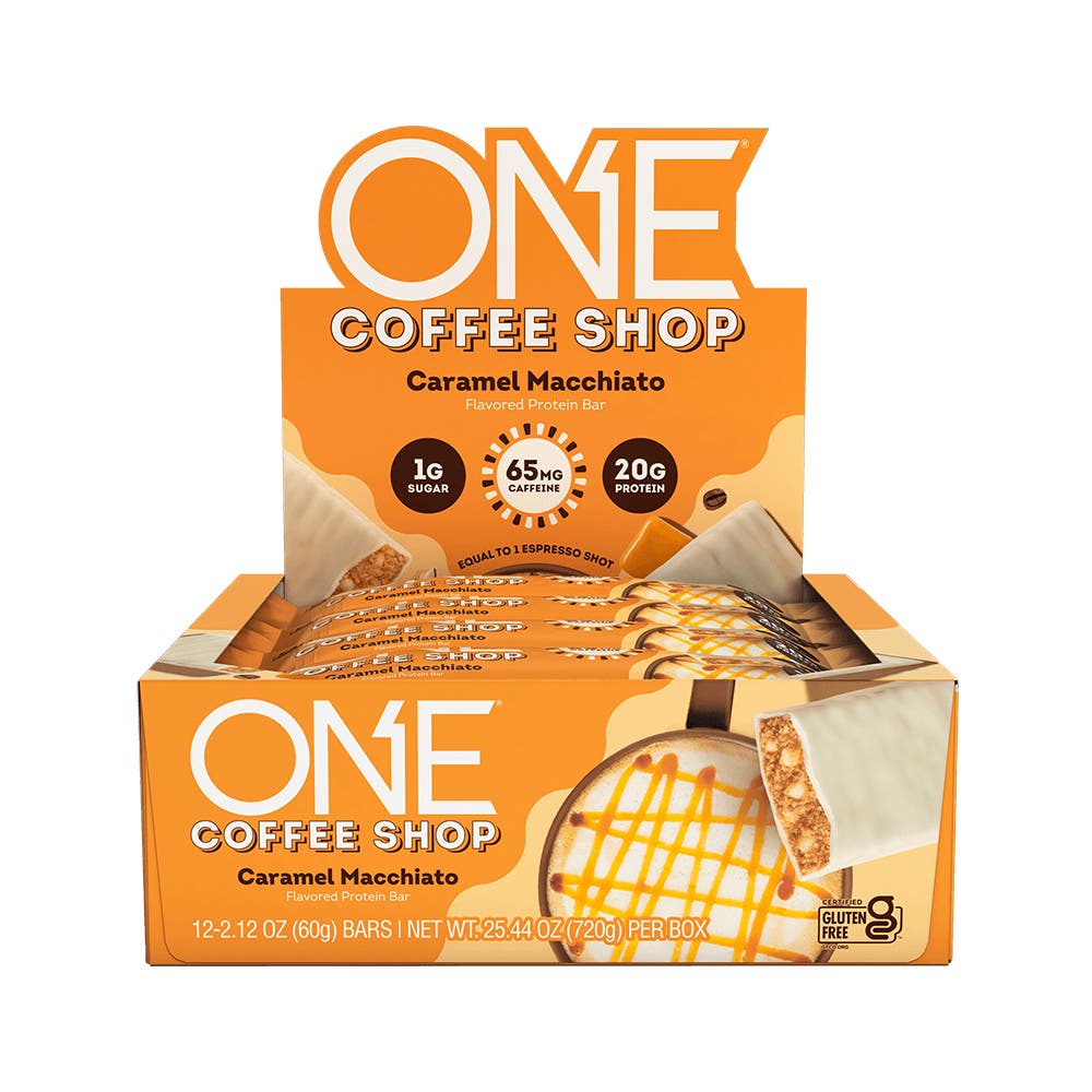 ONE COFFEE SHOP Caramel Macchiato Flavored Protein Bars, 2.12 oz, 12 count box - Front of Package