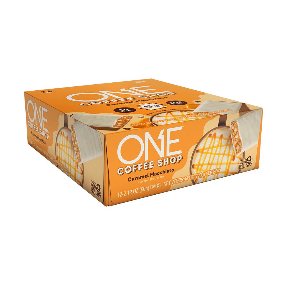 ONE COFFEE SHOP Caramel Macchiato Flavored Protein Bars, 2.12 oz, 12 count box - Left Side of Package