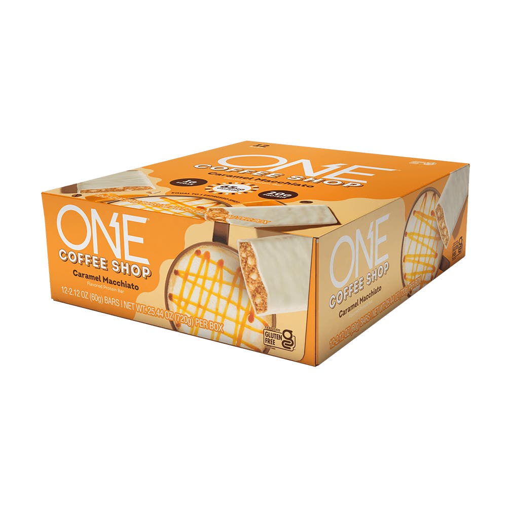 ONE COFFEE SHOP Caramel Macchiato Flavored Protein Bars, 2.12 oz, 12 count box - Right Side of Package