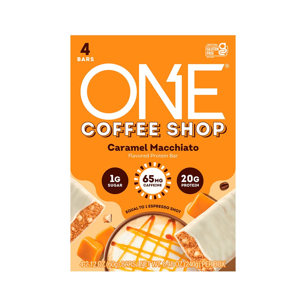 ONE COFFEE SHOP Caramel Macchiato Flavored Protein Bars, 2.12 oz, 4 count box - Front of Package