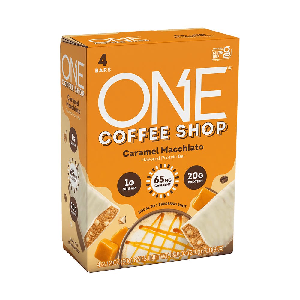 ONE COFFEE SHOP Caramel Macchiato Flavored Protein Bars, 2.12 oz, 4 count box - Side of Package