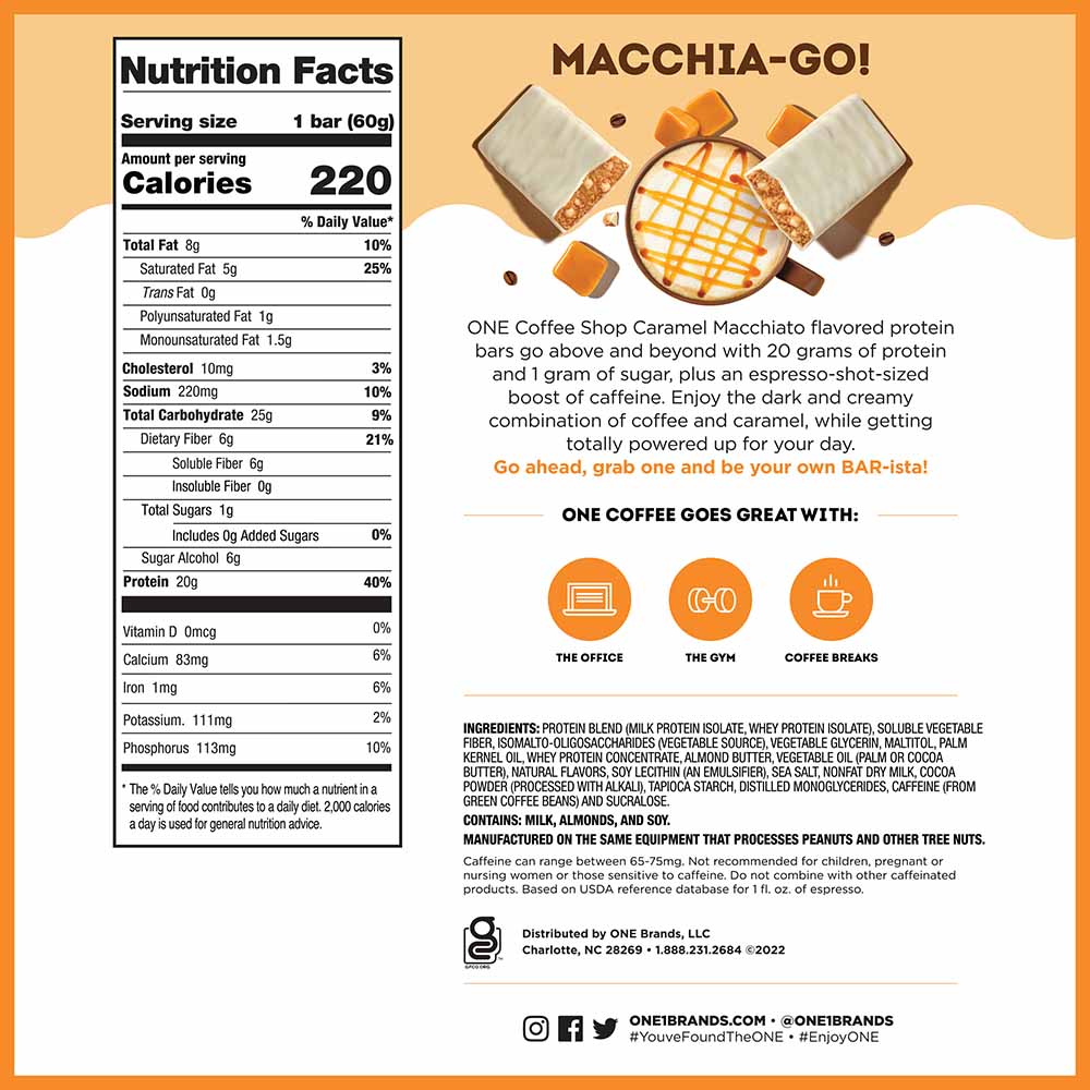 ONE COFFEE SHOP Caramel Macchiato Flavored Protein Bars, 2.12 oz, 12 count box - Nutritional