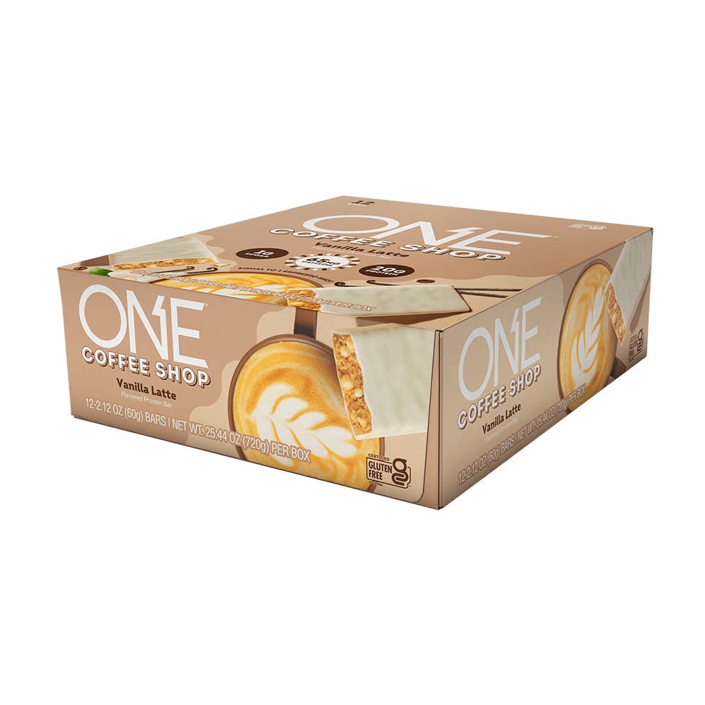 ONE COFFEE SHOP Vanilla Latte Flavored Protein Bars, 2.12 oz, 12 count box - Right Side of Package