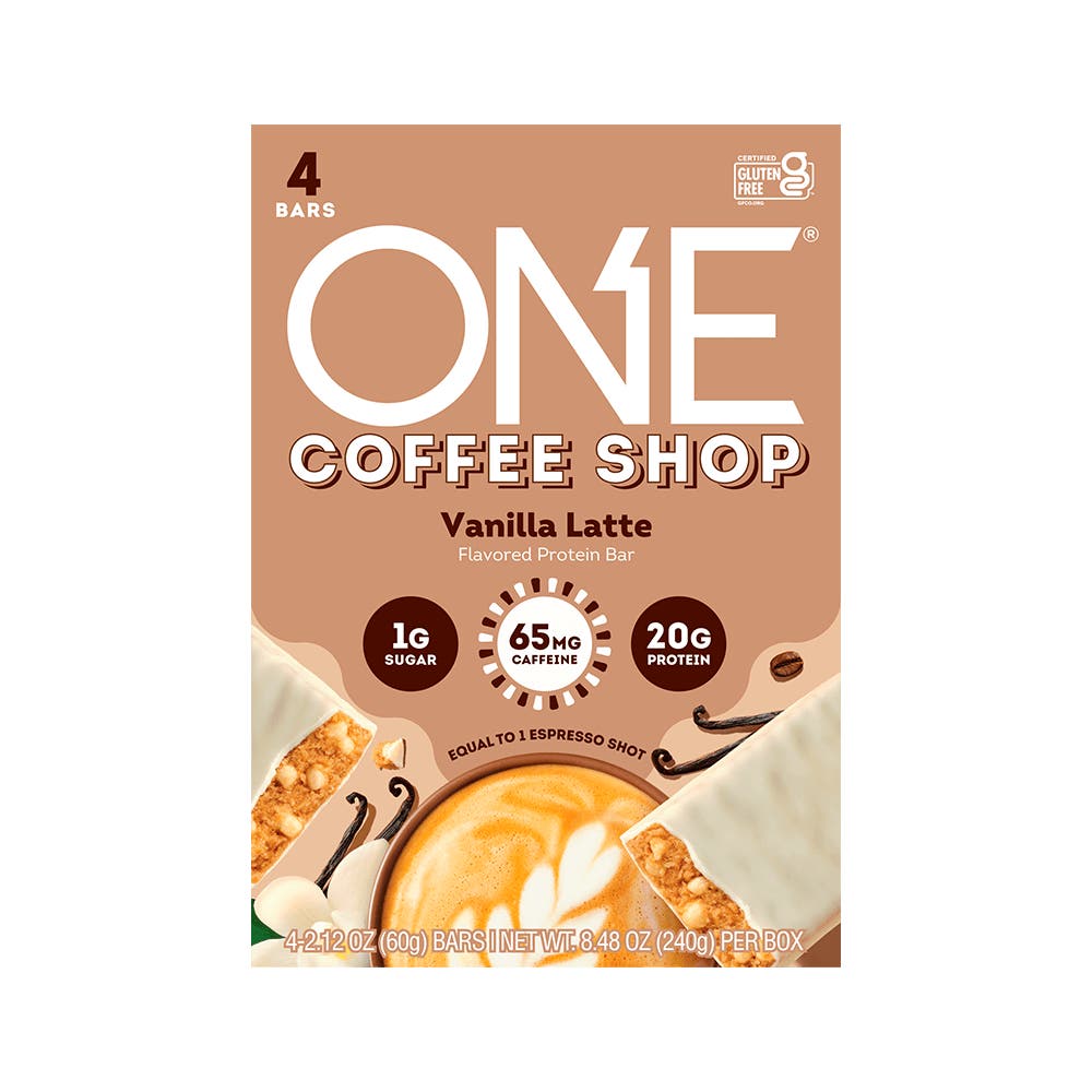 ONE COFFEE SHOP Vanilla Latte Flavored Protein Bars, 2.12 oz, 4 count box - Front of Package