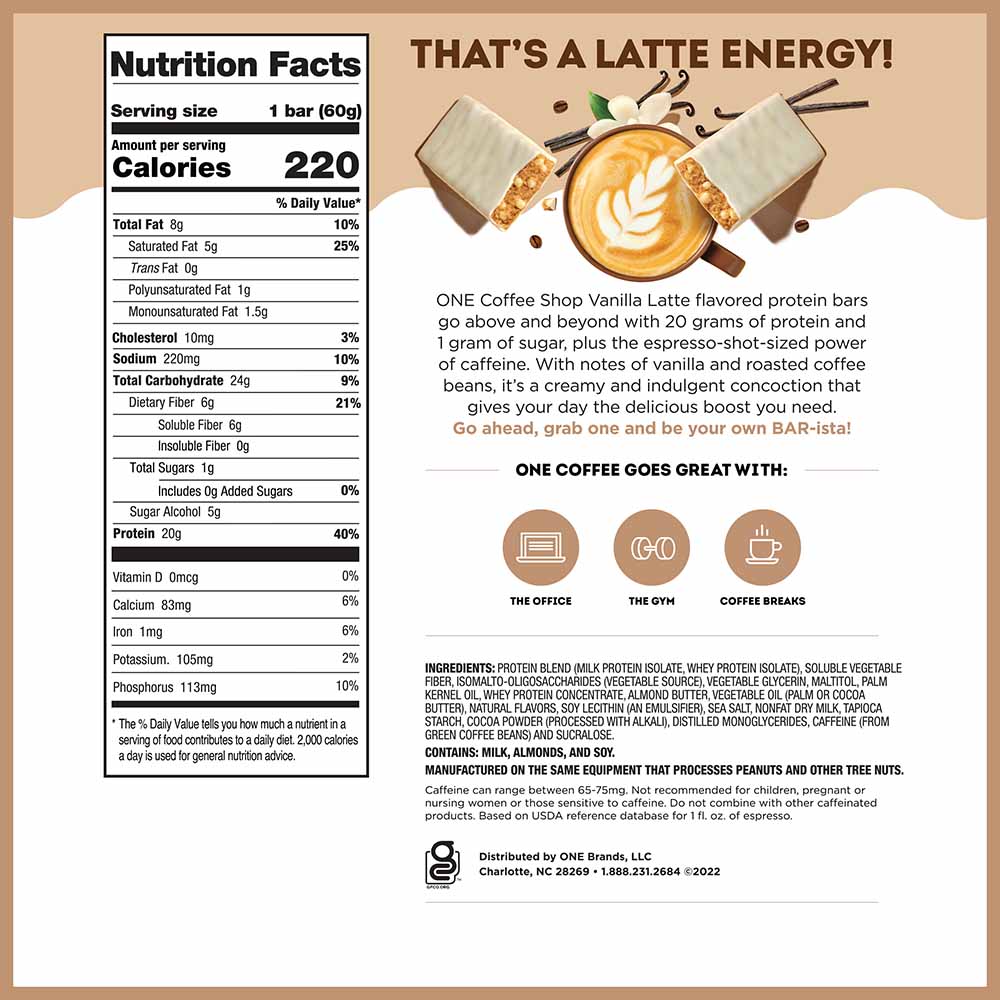 ONE COFFEE SHOP Vanilla Latte Flavored Protein Bars, 2.12 oz, 4 count box - Nutritional