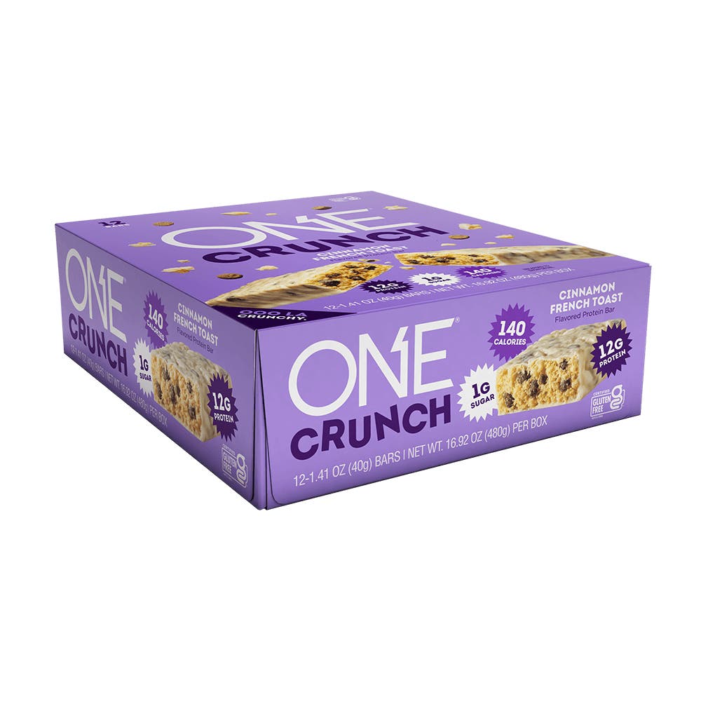 ONE CRUNCH Cinnamon French Toast Flavored Protein Bars, 1.41 oz, 12 count box - Left Side of Package